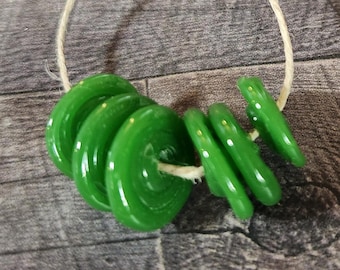 Tiny Pine Green Glass Discs, Handmade Lampwork Glass Beads Set of 6, Glass Beads for Jewelry