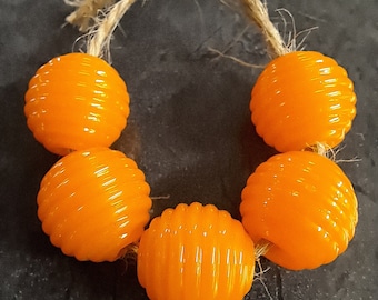 Creamy Orange Ribbed Round Beads, Handmade Lampwork Beads for Jewelry SRA