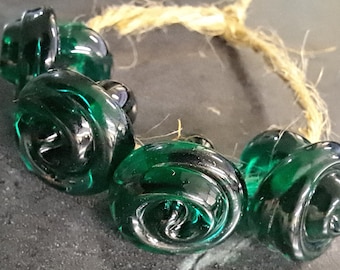 Dark Teal Lampwork Glass Buttons, Handmade Buttons, Set of 4, Glass Shank