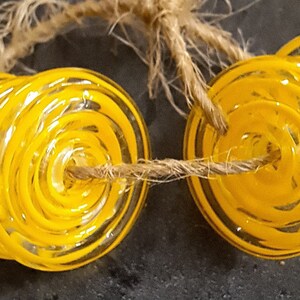Yellow Striped Glass Discs, Handmade Lampwork Glass Beads for Jewelry Set of 6
