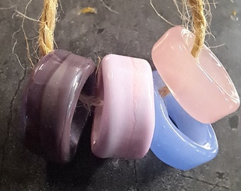 Set of 4 Pink and Purple Oval Handmade Lampwork, Large Hole Bead for leather Jewelry, Lampwork Focal, Hair Bead