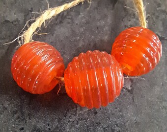 Glass Beads, Strawberry Transparent Ribbed Round Beads, Handmade Lampwork Beads for Jewlery