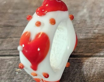 Red and White Heart Handmade Lampwork Dread Bead, Glass Beads for Hair, Big Hole Bead