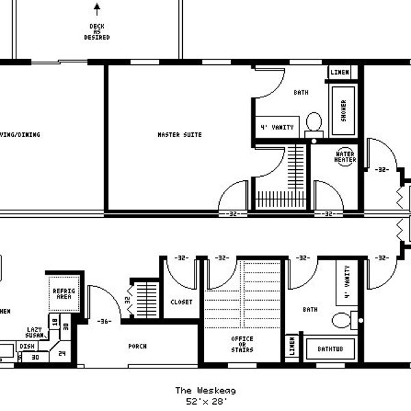 52x28 modular or stick built Ranch house floor plan, 1456 sf, open concept, 3 bedroom, 2 bath, with office space or stairway to a basement.