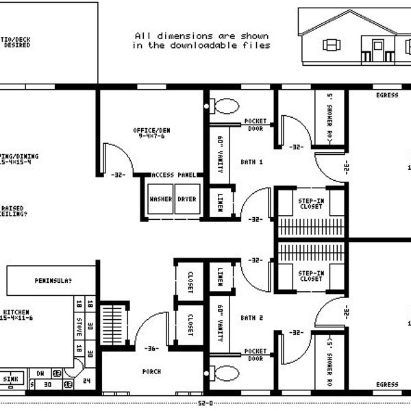 52x28 Doppelsuite, Grundriss eines Ranch-Hauses, 1456 m², offenes Konzept, 2 Schlafzimmer, 2 Bäder (abgeteilt für mehr Privatsphäre), persönliche Nutzung oder Vermietung.