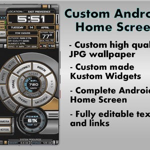 May include: A custom Android home screen design with a futuristic interface. The screen displays time, weather, and system information. The design includes custom widgets, a high-quality JPG wallpaper, and fully editable text and links.