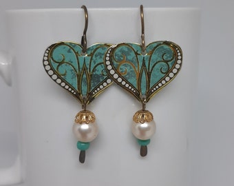 Amorous - Vintage Teal and Gold Heart Shaped Restored Tin Pearls Recycled Jewelry Earrings - Ten Year Anniversary Gift