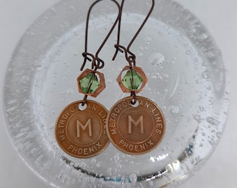 Valley of the Sun - Vintage Copper Phoenix Arizona Transit Tokens Green Swarovski Crystals Recycled Repurposed Jewelry Earrings Initial M