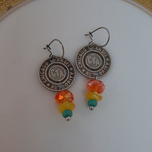 That Toddlin Town - Vintage Chicago Transit Authority CTA Tokens Swarovski Crystals Sterling Silver Recycled Repurposed Jewelry Earrings