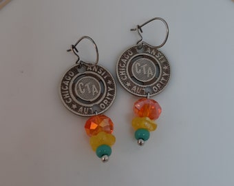 That Toddlin Town - Vintage Chicago Transit Authority CTA Tokens Swarovski Crystals Sterling Silver Recycled Repurposed Jewelry Earrings