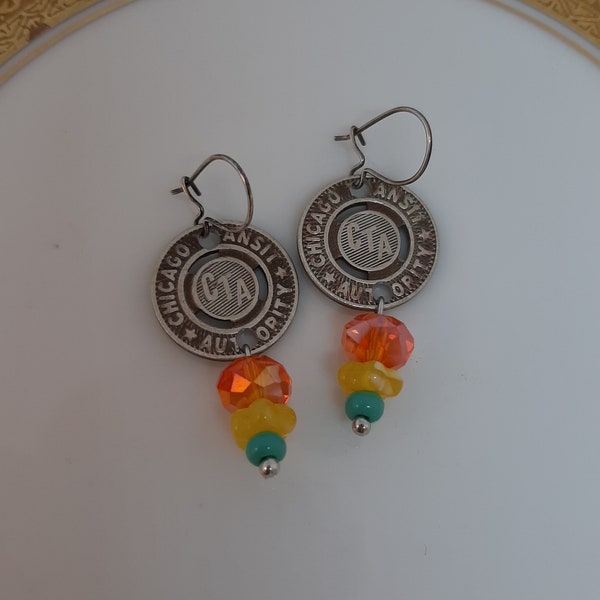 That Toddlin Town - Vintage Chicago Transit Authority CTA Tokens Swarovski Crystals Sterling Silver Recycled Repurposed Jewelry Earrings