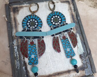 Tribal Vibes - Vintage Restored Tins Turquoise Teal Tribal Ethnic Boho Bohemian Dangle Earrings - Upcycled Jewelry 10 Year Anniversary Gift