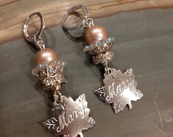 Liberty Silver Maple Leaves Name "Mary" Pink Pearls Rhinestones Recycled Earrings Vintage 1940s
