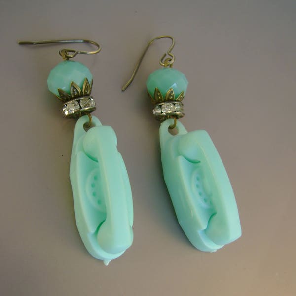 Call Me - Vintage Retro Turquoise Plastic Princess Telephones Rhinestones Recycled Upcycled Jewelry Earrings