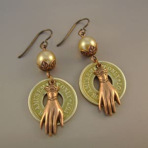 Do I Amuse You Vintage Brass Amusement Tokens, Pearls, Copper Victorian Hands Niobium Wires Recycled Repurposed Earrings image 1