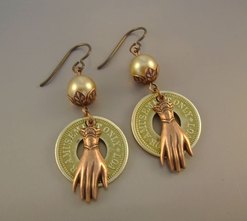 Do I Amuse You Vintage Brass Amusement Tokens, Pearls, Copper Victorian Hands Niobium Wires Recycled Repurposed Earrings image 1