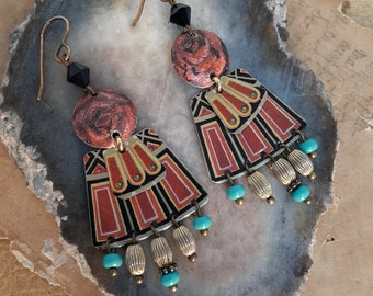 Tribes - Vintage Restored Tin Tribal Ethnic Teal and Red Boho Bohemian Dangle Earrings - Upcycled Jewelry 10 Year Anniversary Gift