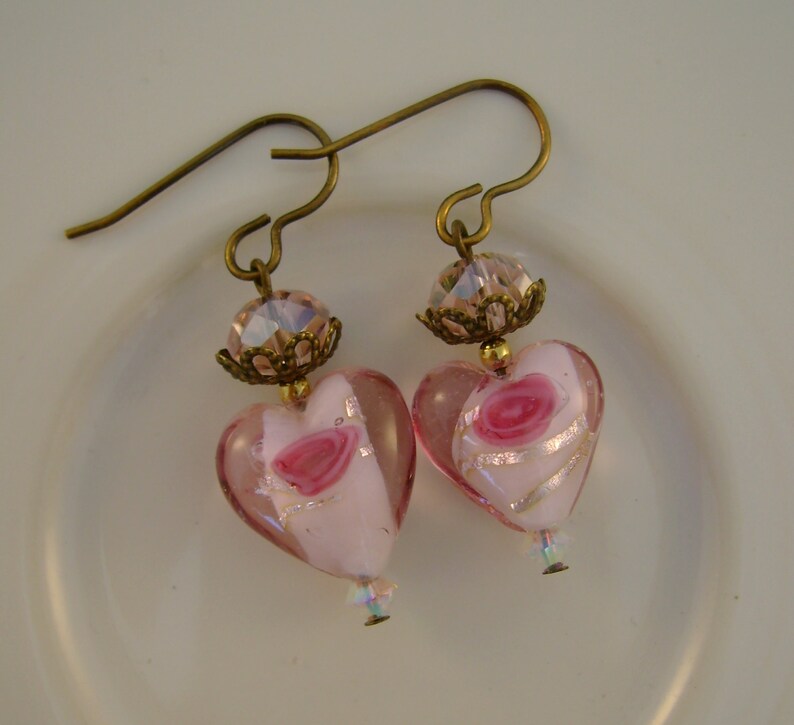 Pink Love Vintage Glass Lampwork Floral Beads, Pink Crystals Recycled Repurposed Jewelry Earrings image 3