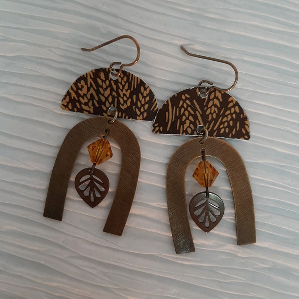 Harvest - Antique Wheat Sheaves Restored Tin Brass U Shaped Arch Charms Leaves Orange Crystals Recycled Earrings - 10th Anniversary Gift