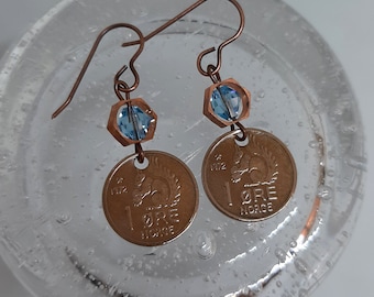 Squirrelly Girl - Vintage 1972 Norway Ore Squirrel Copper Coins Copper Cages Blue Swarovski Crystals Recycled Repurposed Earrings