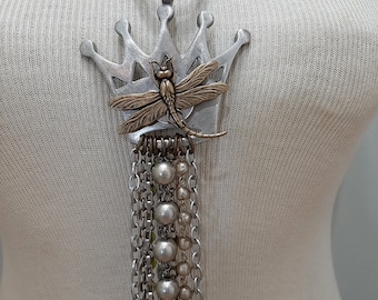 Flying Queen - Vintage Crown Dragonfly Tassels Chains Steampunk Recycled Assemblage Long Necklace