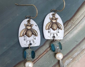 Don't Bee Late - Vintage Watch Dials Honey Bees Teal Glass Beads Pearls Recycled Repurposed Steampunk Earrings Jewelry