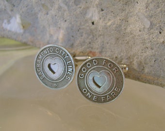 Mon Amour - Authentic Vintage Sacramento California Transit Tokens Recycled Cufflinks, Man Gift, Mens Gift, Groomsman Gift, Wedding Gift