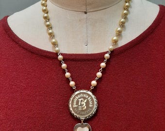 New Orleans Pontchartrain Beach Amusement Park Heart Charm Assemblage Necklace Pearl Chain