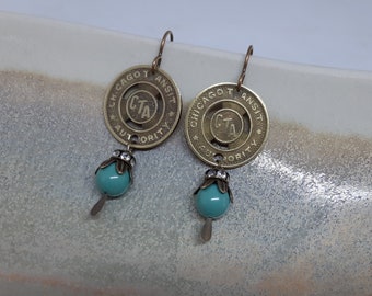 The Loop - Vintage Brass Chicago Transit Authority CTA Tokens Swarovski Teal Pearls Rhinestones Recycled Repurposed Jewelry Earrings