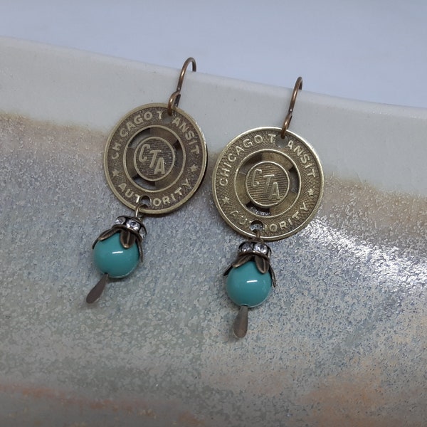 The Loop - Vintage Brass Chicago Transit Authority CTA Tokens Swarovski Teal Pearls Rhinestones Recycled Repurposed Jewelry Earrings