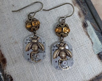 Bee on Time - Vintage Watch Movements Brass Honey Bees Amber Rhinestones Beads Recycled Repurposed Steampunk Earrings Jewelry