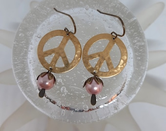 Peace and Love - Hammered Brass Peace Sign Symbols Vintage Pink Pearls Beadcaps Earrings Boho Bohemian Hippie Jewelry