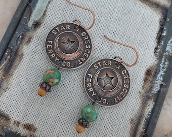 Ferried Away - Vintage 1955 Star and Crescent Ferry Co. Tokens Coronado San Diego Green Agates  Recycled Repurposed Jewelry Earrings