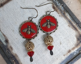 I'll Bee Around - Recycled Repurposed Designer Red Glass Buttons in Bezels Honey Bee Earrings