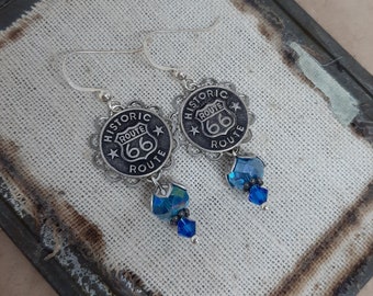 Get Your Kicks - Historic Route 66 Buttons Bezels Turquoise Swarovski Crystals Recycled Repurposed Jewelry Earrings Sterling Silver Wires