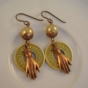 Do I Amuse You Vintage Brass Amusement Tokens, Pearls, Copper Victorian Hands Niobium Wires Recycled Repurposed Earrings image 3