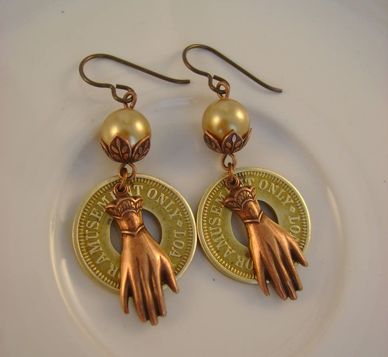 Do I Amuse You Vintage Brass Amusement Tokens, Pearls, Copper Victorian Hands Niobium Wires Recycled Repurposed Earrings image 3