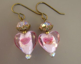 Pink Love - Vintage Glass Lampwork Floral Beads, Pink Crystals Recycled Repurposed Jewelry Earrings