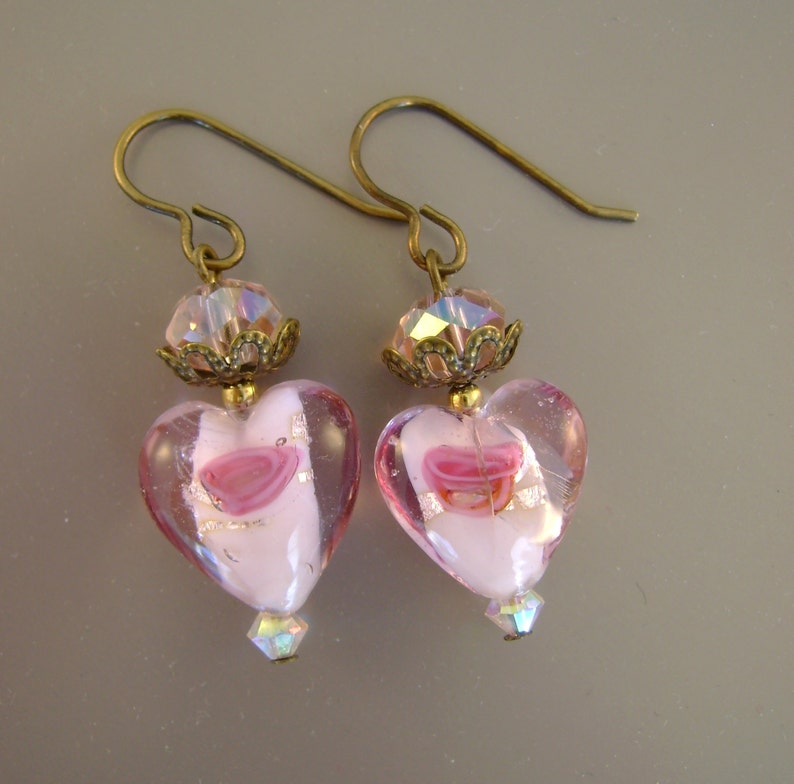 Pink Love Vintage Glass Lampwork Floral Beads, Pink Crystals Recycled Repurposed Jewelry Earrings image 1
