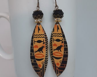 Walk Like an Egyptian - Vintage Recycled Restored Egyptian Tin Hieroglyphics Earrings - Upcycled Repurposed Jewelry - 10th Anniversary Gift