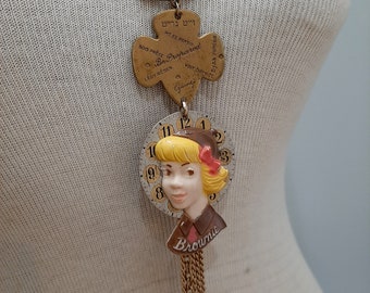 Be Prepared - Vintage Girl Scout Brownie Pins Charms Pocket Watch Dial Recycled Assemblage Jewelry Necklace