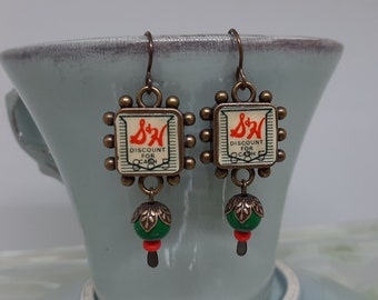 Trading Up - Vintage S&H Green Stamps Hobnail Bezels Green Orange Beads Recycled Repurposed Jewelry Nostalgic Earrings