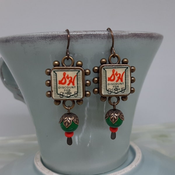 Trading Up - Vintage S&H Green Stamps Hobnail Bezels Green Orange Beads Recycled Repurposed Jewelry Nostalgic Earrings