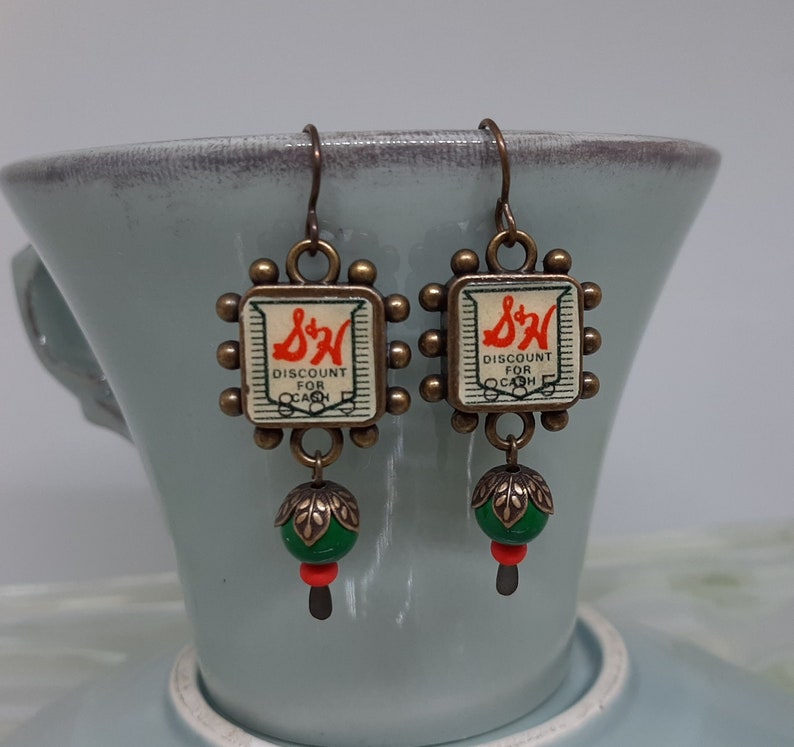 Trading Up Vintage S&H Green Stamps Hobnail Bezels Green Orange Beads Recycled Repurposed Jewelry Nostalgic Earrings image 1