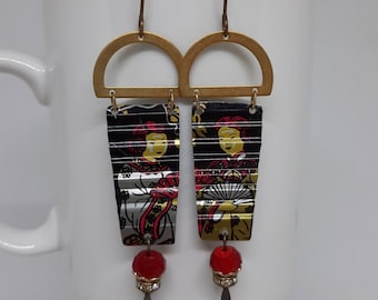 Geisha - Vintage Oriental Asian Geisha Girls Restored Tea Tin Red Black Gold Earrings Jewelry - 10th Anniversary Gift