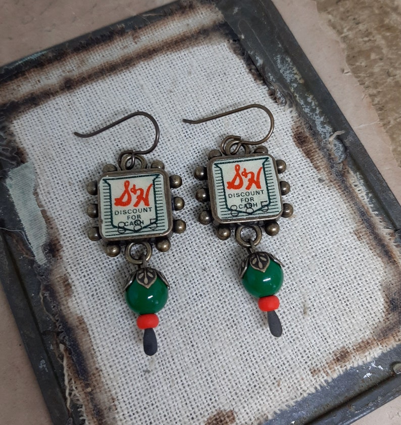 Trading Up Vintage S&H Green Stamps Hobnail Bezels Green Orange Beads Recycled Repurposed Jewelry Nostalgic Earrings image 2