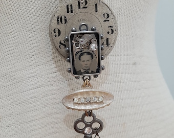 Ella - Pocket Watch Dial Hobnail Bezel 1870s Tintype Photo Key Steampunk Recycled Assemblage Long Necklace Serpentine Chain