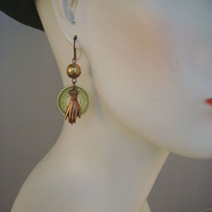 Do I Amuse You Vintage Brass Amusement Tokens, Pearls, Copper Victorian Hands Niobium Wires Recycled Repurposed Earrings image 2