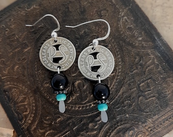 Esplanade  - Vintage New Orleans Public Service Streetcar Tokens Black and Teal Beads Sterling Silver Wires Recycled Jewelry Earrings