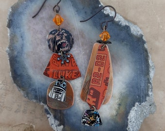 May The Force Be With You - Star Wars Tins Copper Crystals Graphic Mismatched Restored Tin Jewelry Earrings - 10 Year Anniversary Gift
